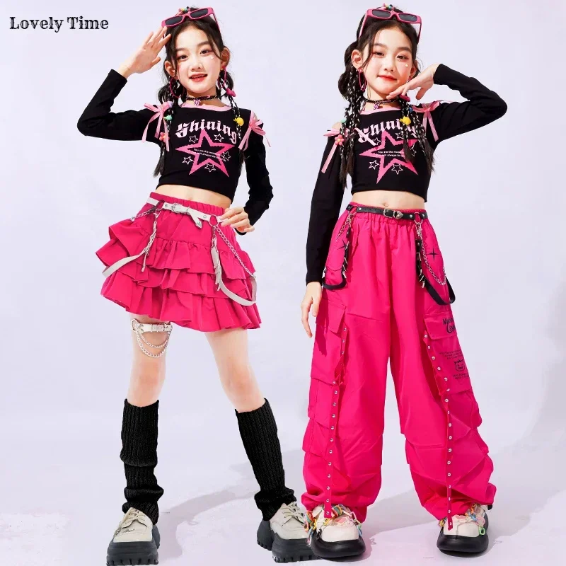 Hip Hop Girls K-pop Off Shoulder Crop Top Cargo Pants Kids Streetwear Skirts Jazz Costumes Child Sweet Street Dance Clothes Sets
