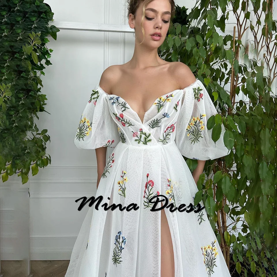 Mina Customized Backless Prom Dresses Sale Puff Sleeves Wedding Party Dress Es Strapless Flowers Luxurious Saudi Evening Dress