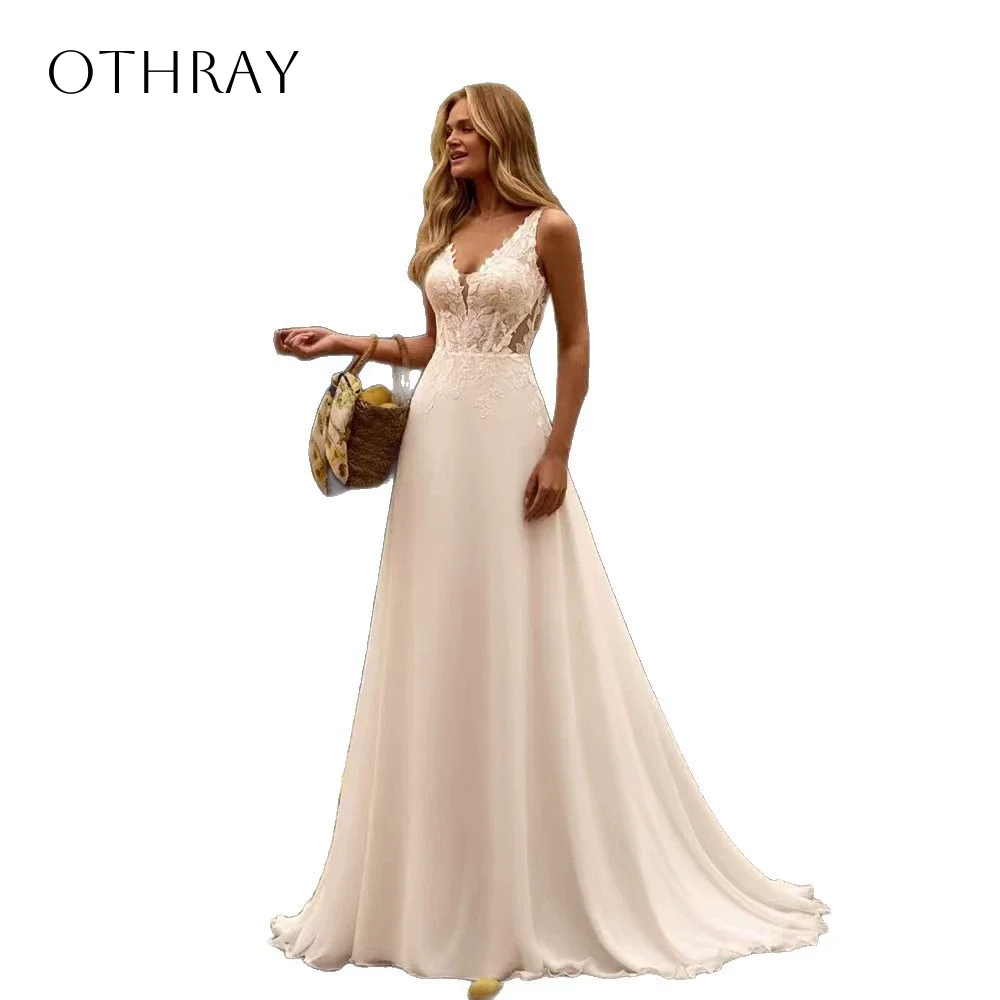 Abito da sposa a trapezio in pizzo con scollo a V Abito da sposa in chiffon plissettato Sweep Train Bottoni senza schienale Personalizzato с iyoдебное пла coi