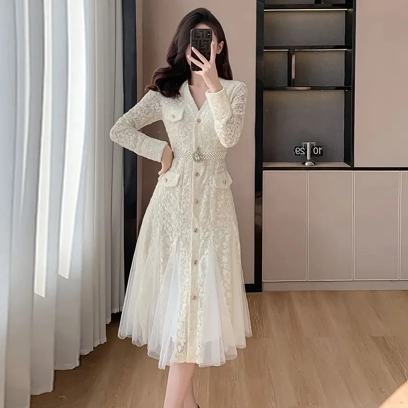 2420 socialite New Spring and Autumn haute couture French dress temperament lady mature style goddess style lace skirt