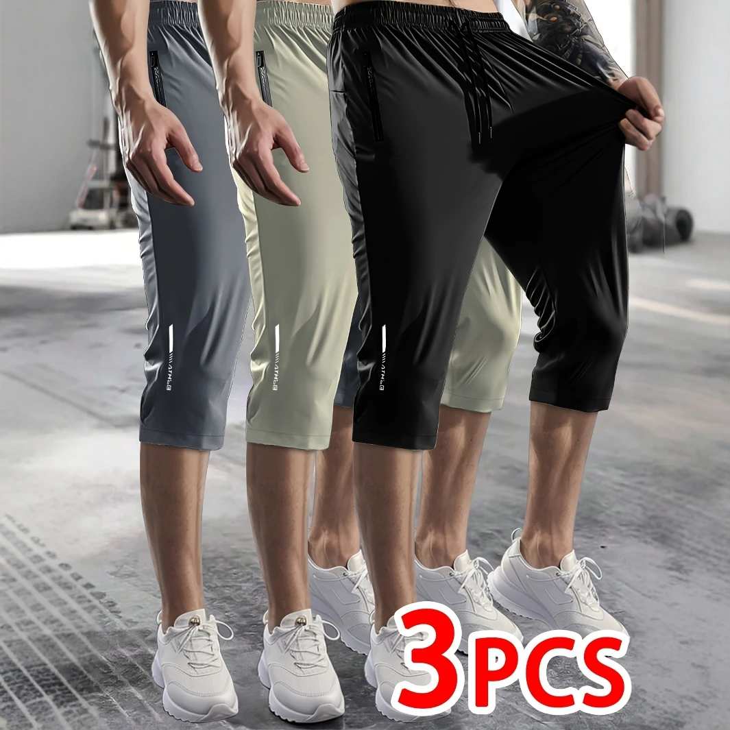 

Set of 3 - Men'S Casual Outdoor Sports Capri Pants, Made from High-Elastic Knitted Fabric, Solid Color, Straight-Leg Design, Fea