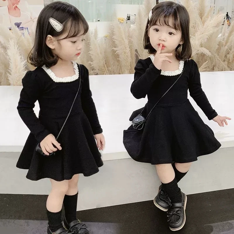 

Элегантное черное платье для девочек с бисером, коллекция Весна-Осень 2026, модное нижнее платье с длинным рукавом, наряд принцессы для детей и малышей