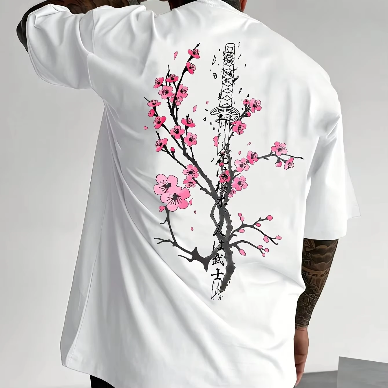 

Men Casual Street Style Cherry Blossom Tower Graphic T-Shirt - Beige Short Sleeve Round Neck Summer Tee with Pink Black