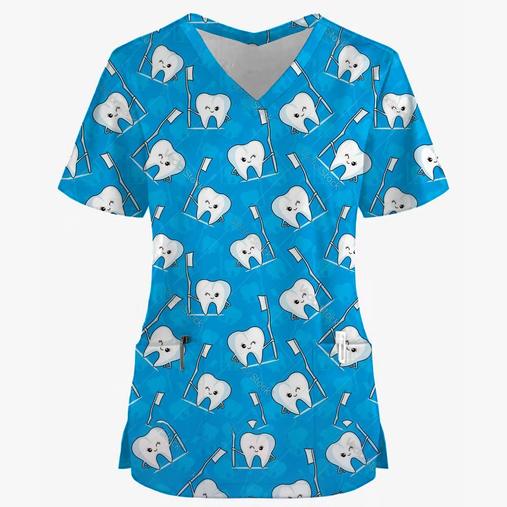 Cartoon Rabbit Print Nurse Medical Uniforms V-Neck Short Sleeve Pocket Workwear Top Scrubs Medical Accessories Uniform