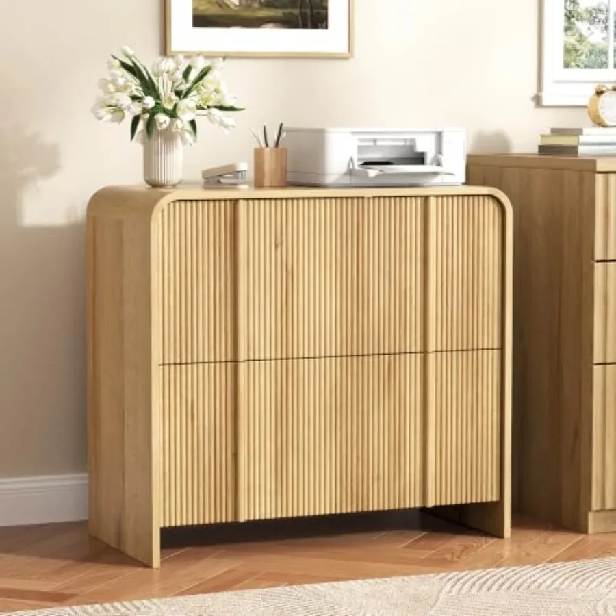 Lateral File Cabinet with 2 Drawers, Modern Fluted File Cabinet with Adjustable Hanging Rod for Letter/Legal/A4, Large Office W