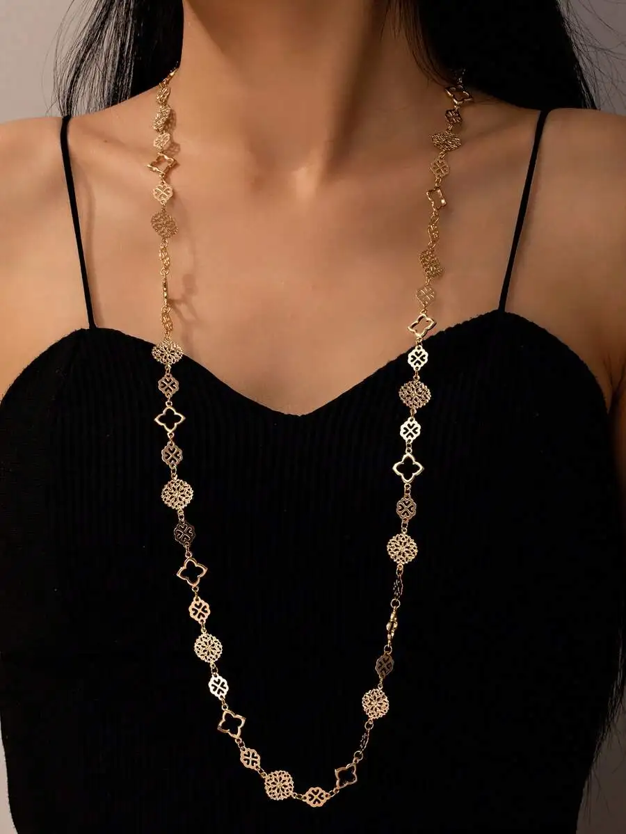 

Hollow Carved Long Chain Necklace For Women Y Shape Multi Wear Fashion Jewelry
