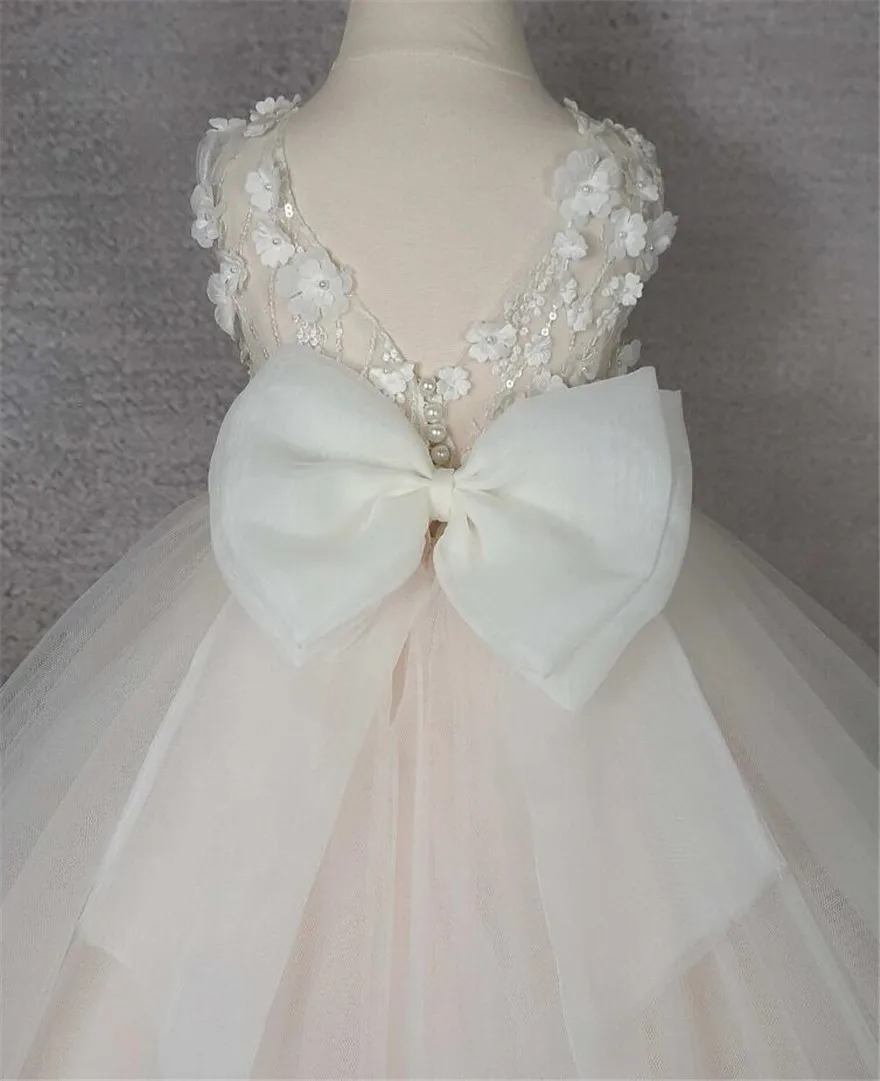 Robe de demoiselle d'honneur blanche ivoire pour filles, dentelle florale 3D, robe de baptême en tulle, robe d'anniversaire pour tout-petits, robe de soirée de Rh, taille personnalisée