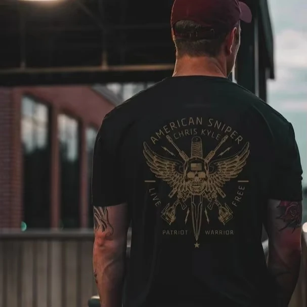 Male - American sniper - Skull wing pattern T-shirt - Patriotic warrior print - Round-neck short-sleeved cotton tactical T-shirt