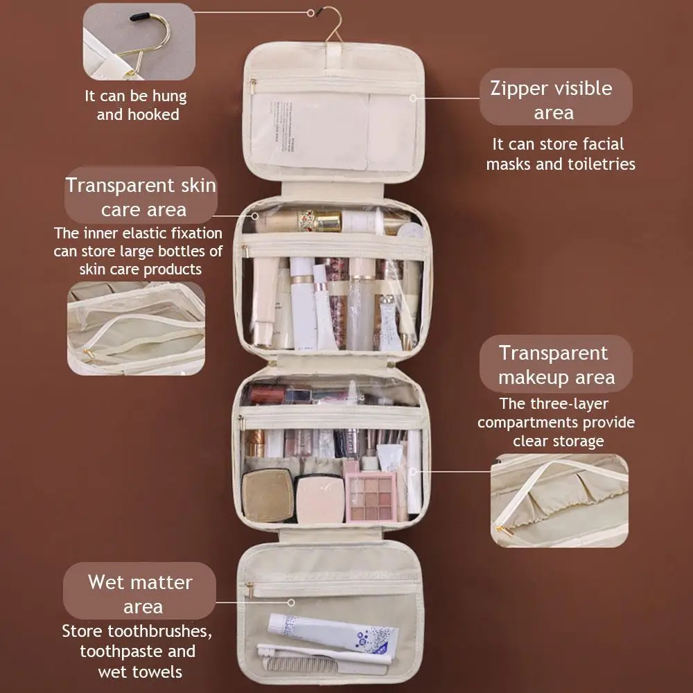 Travel Toiletry Storage Bag Portable Toiletry Bag Makeup Bag Hanging Cosmetic Pouch Multi-layer Large Capacity PU Organizer