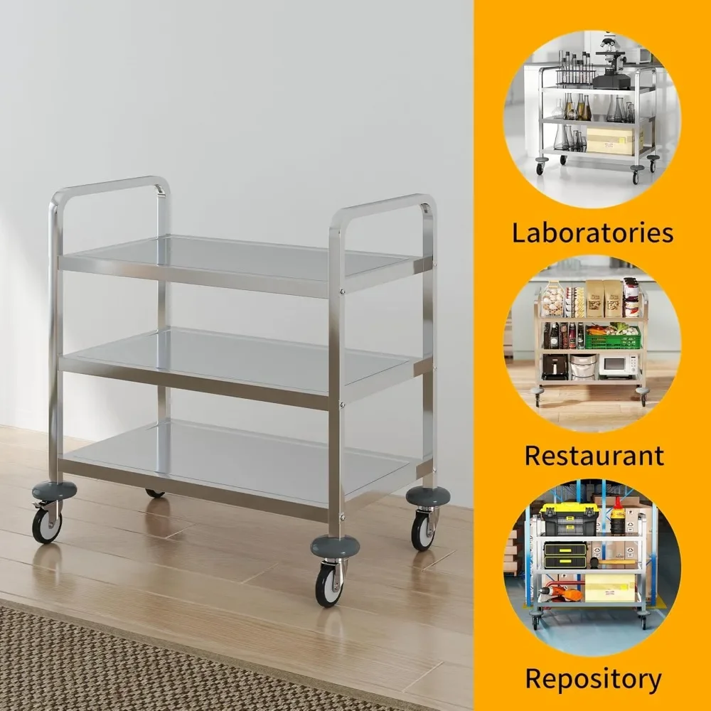 

3 Tier Stainless Steel Utility Cart Serving cart w/360°Rotation Wheels Kitchen Island Load Up 400 lbs Stainless Steel Work Cart