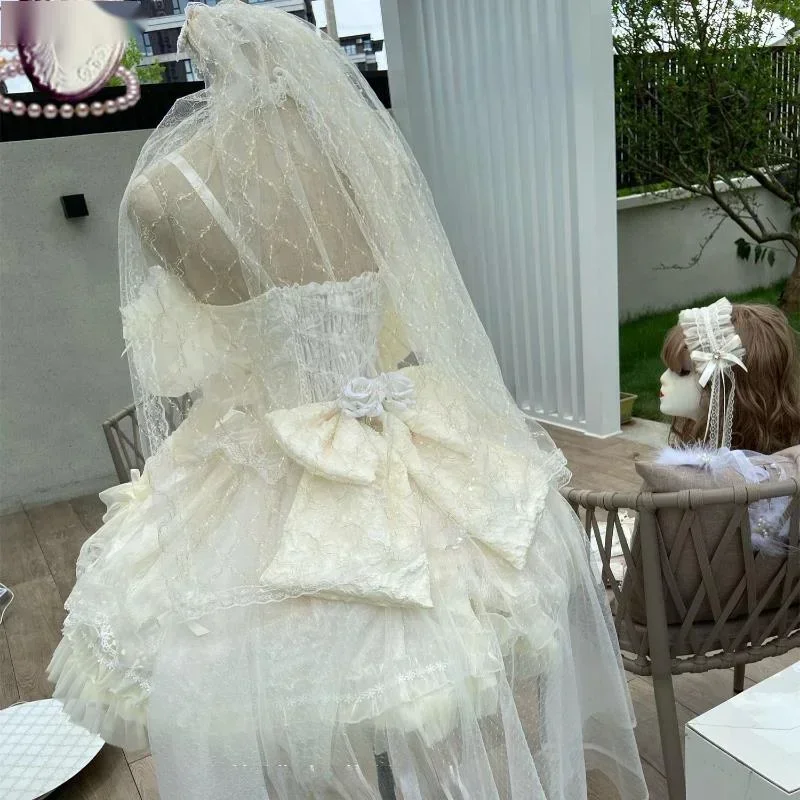 ขนมญี่ปุ่น Lolita JSK ชุด Kawaii ผู้หญิง VINTAGE Elegant ลูกไม้ตาข่ายเจ้าหญิงชุดสายรัด Harajuku Lolita ยุโรปเสื้อผ้า