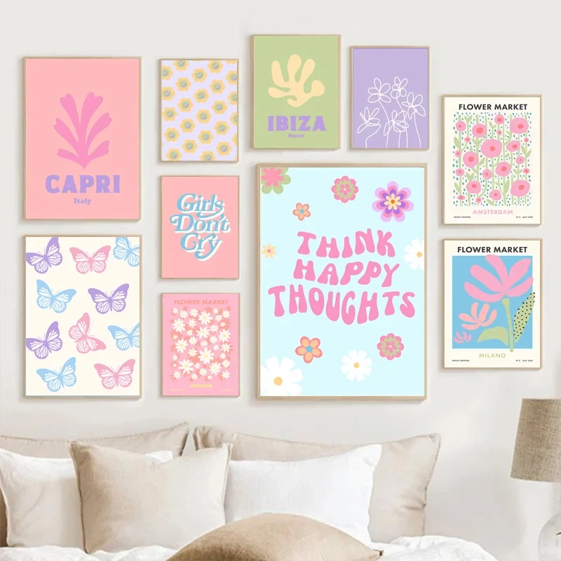 1pc Frameless Abstract Danish Pastel Wall Art Poster Prints Purple Checkered Smiley Flower Canvas Painting Picture for Living Ro