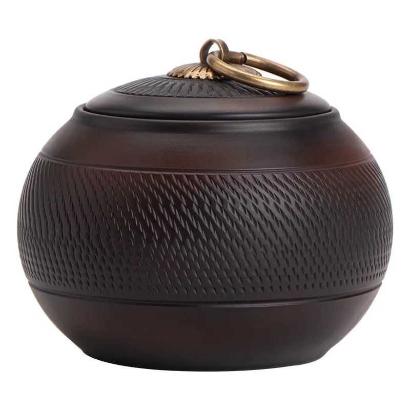 Purple Pottery Hand-carved Tea Canister Vintage Ceramic Tea Storage Jar Moisture-proof Sealing Jar