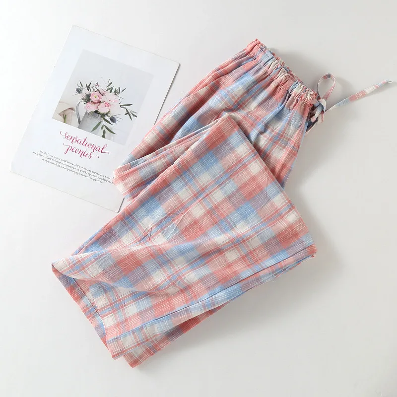 Japanische minimalistische karierte Pyjamahose für Damen in Übergröße, weich, locker geschnitten, mit elastischem Bund_voghion.com