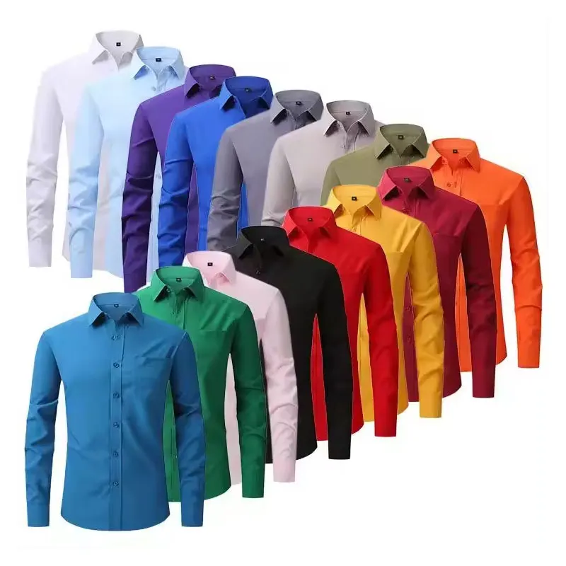 American size men\'s long sleeve shirt big size spring/summer thin solid color free iron breathable high quality business casual