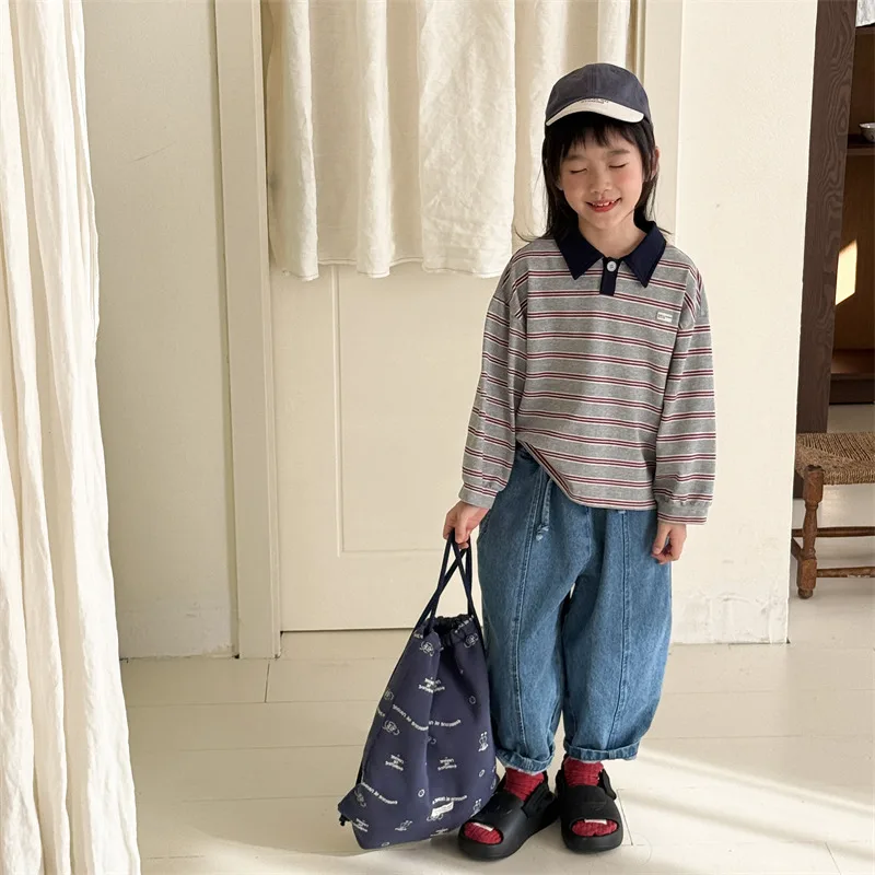 2025 Spring Autumn Fashion Children Clothes Girls Long Sleeve Striped T-shirt Boys Cotton Casual Tops 1-6 Years Kids Polo Shirts