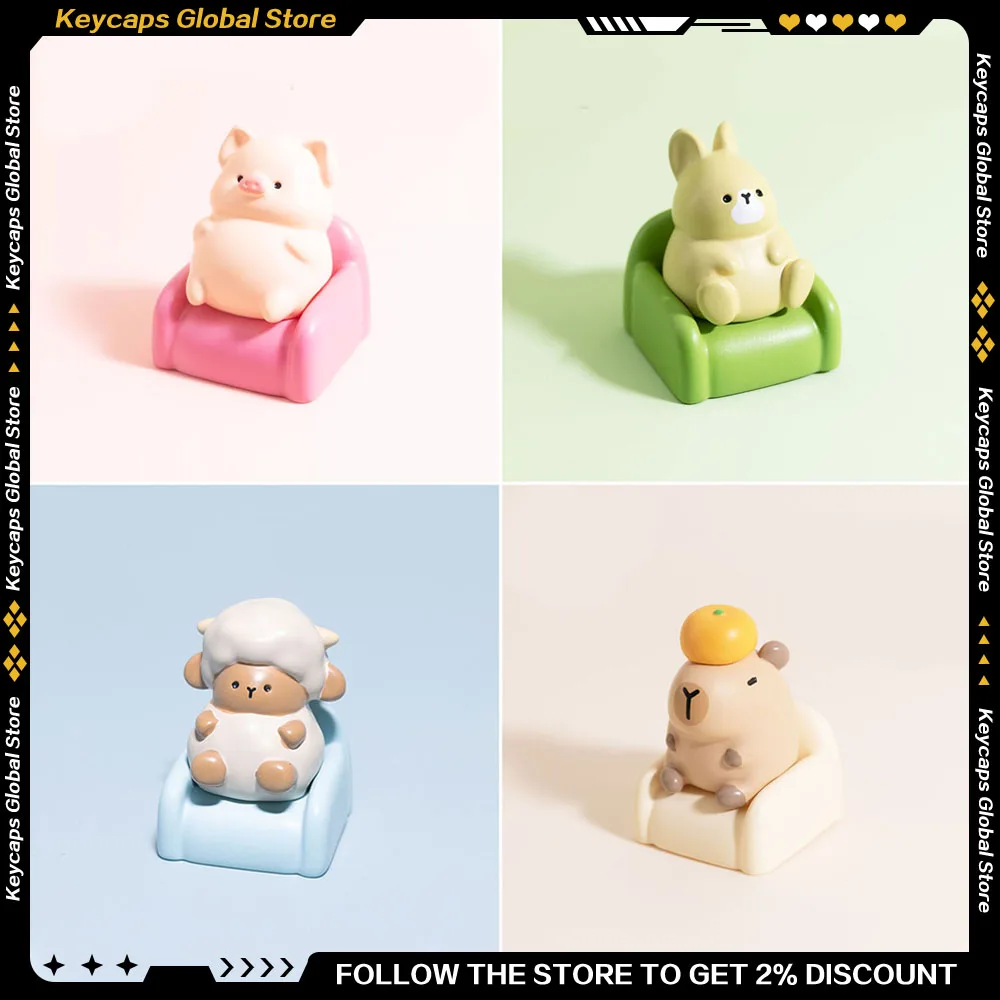 Teclas creativas de animales Kawaii, teclas de resina Kapibala para cachorros, conejo pequeño, cordero, cerdito rosa, regalos para teclado mecánico para niñas