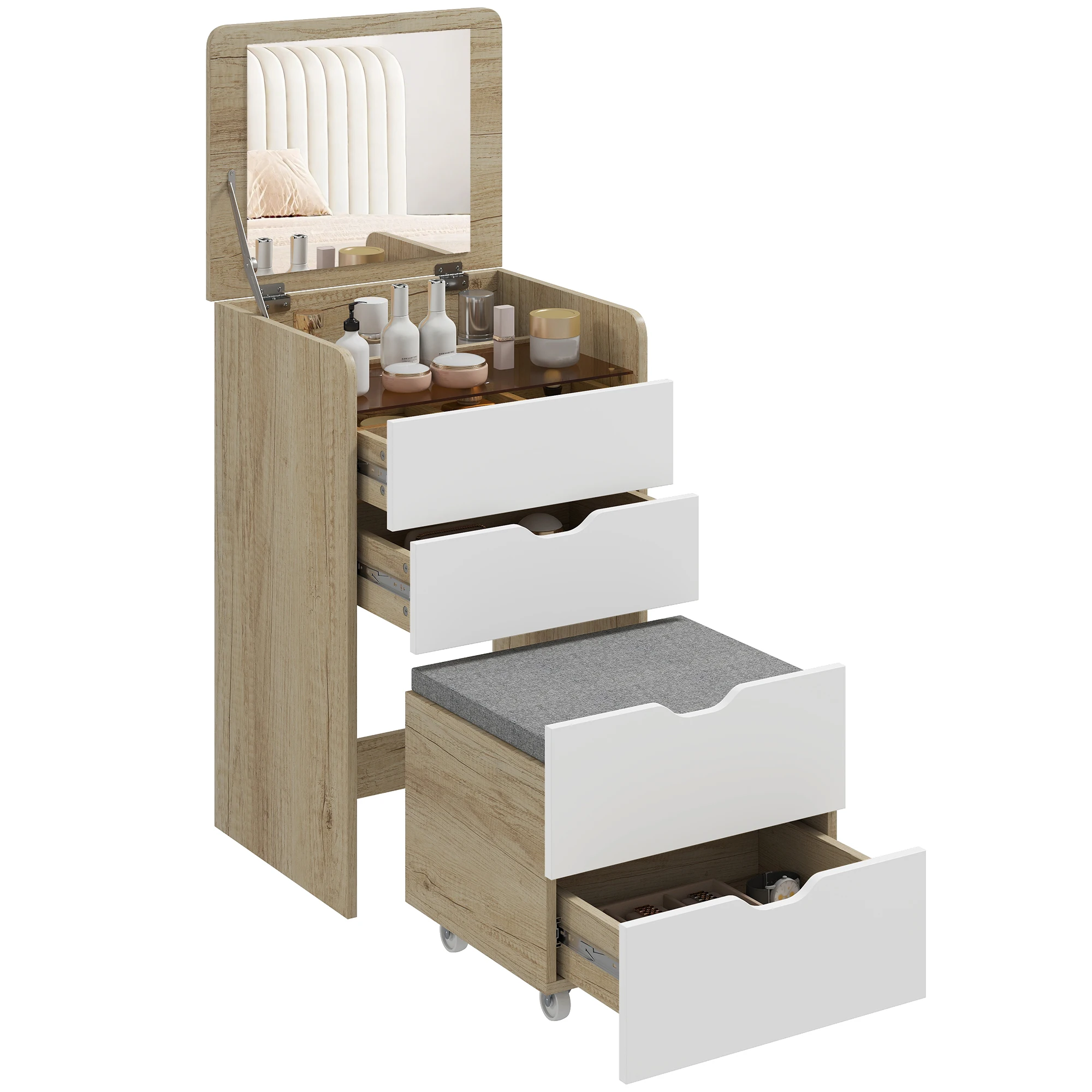 HOMCOM Toeletta con specchio ribaltabile e sgabello contenitore, tavolo da trucco, 2 cassetti, seduta imbottita, rovere bianco