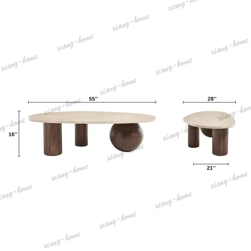FG High Quality 55 Inch Modern Oval Wood Coffee Table for Living Room 3 Walnut Accent Legs Beige Wood Tabletop Faux Marble