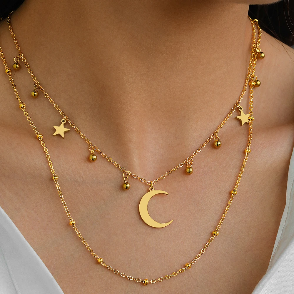 Stainless Steel Necklaces Elegant Romantic Star Moon Pendant Multilayer Chain Necklace For Women Jewelry Banquet Fine Gift New