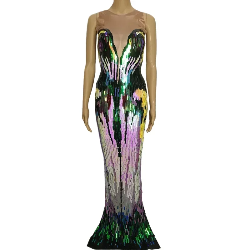 

Multi-color Sequin Skinny Long Dress Sexy Women Singer Bar Concert Stage Costume Birthday Prom Celebrate Performance Clothes