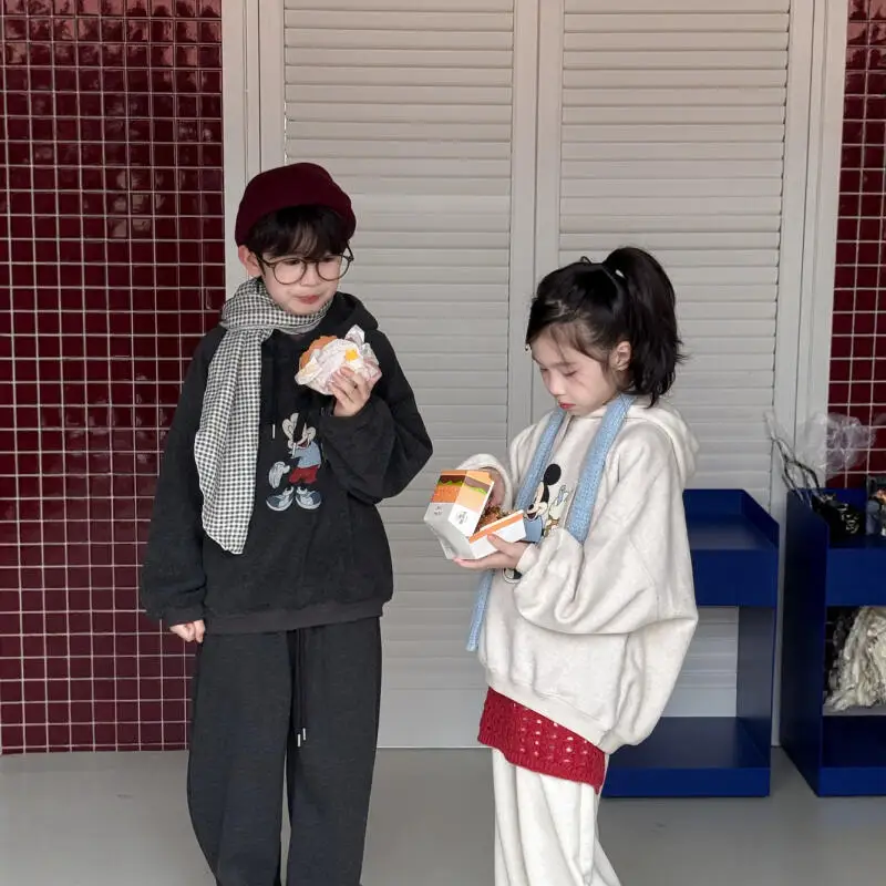 

2Pcs Thiened Fce Children's Sweatirt Set Long Sve Casual Sle Winter Clothes for Girls Cute Cartoon Pattern Warm and Fa...