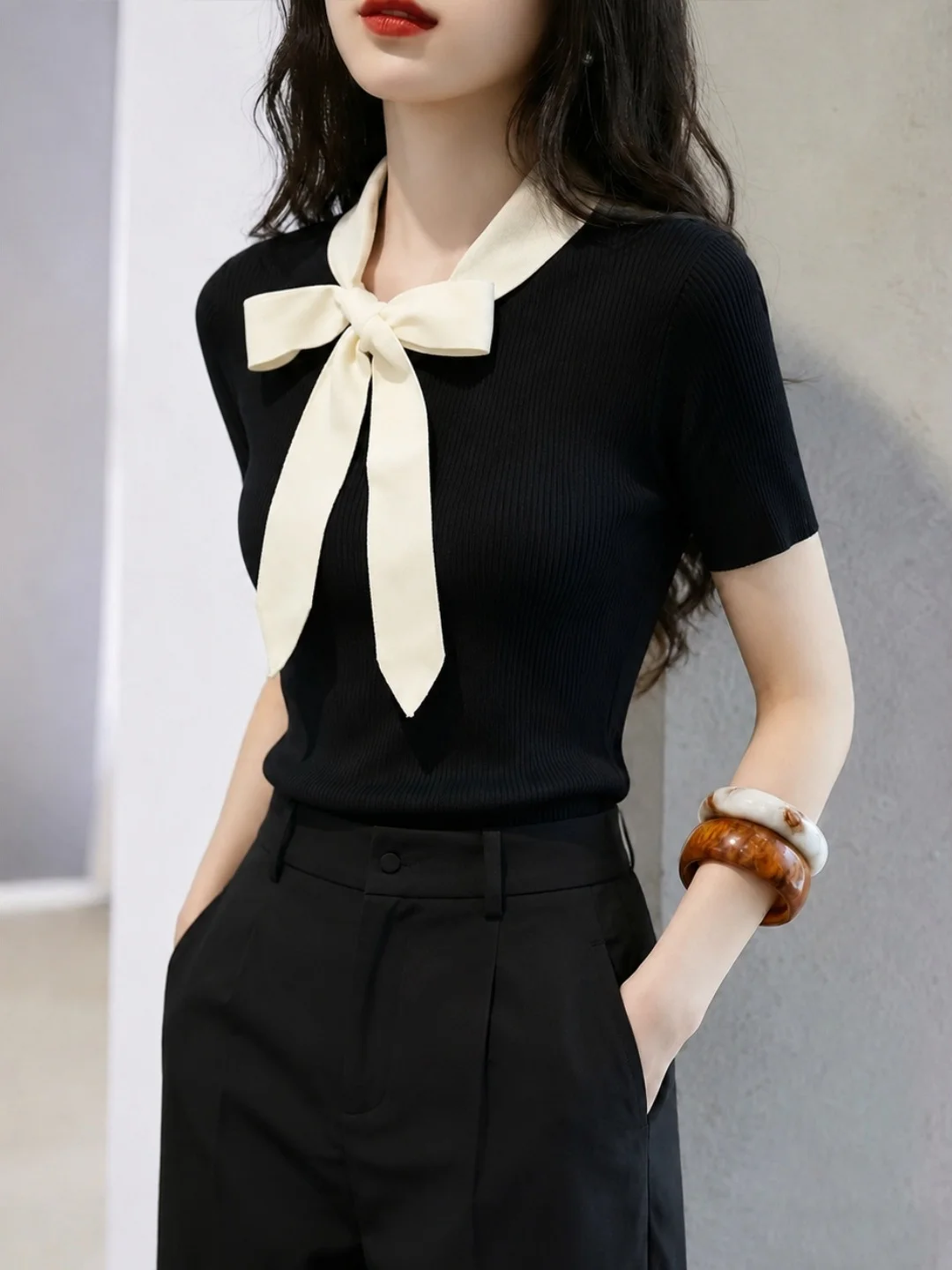 Summer Slim Fit Ice Silk Knitted Top with Knot Design And  Bow Short Sleeve Women's Fashion Korean Style Knitwear