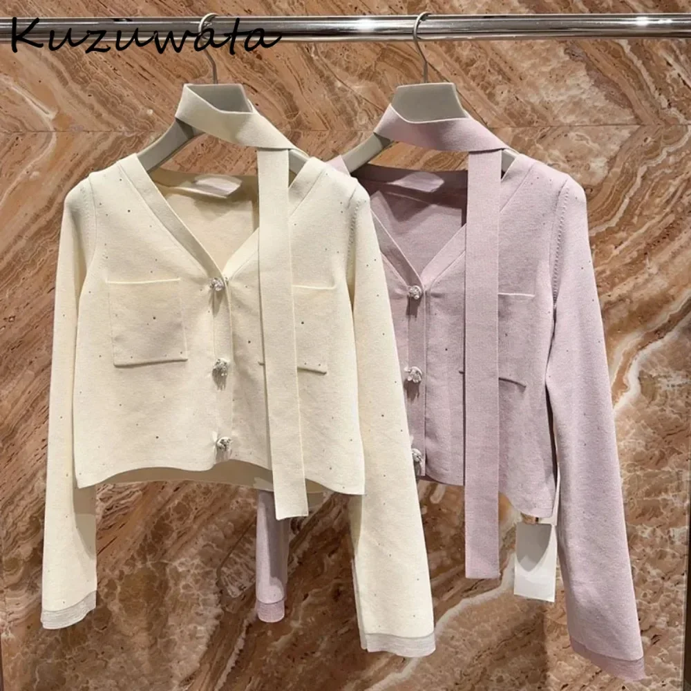 Kuzuwata Elegant Lovely V Neck Knit Cardigan Lace Up Small Fragrance Scarf England Jumper Japan French Style Literary Sweaters