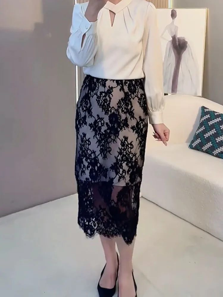 

Ретро-юбка с высокой талией, кружевом и вышивкой, женская, больших размеров, весенняя новинка, корейский стиль, прозрачная, облегающая