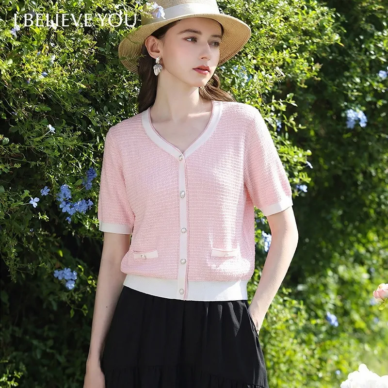 

I BELIEVE YOU Женские трикотажные пуловеры с коротким рукавом и V-образным вырезом, новинка 2026 года, в полоску, свободного кроя, элегантные, стильные женские топы 2261146379