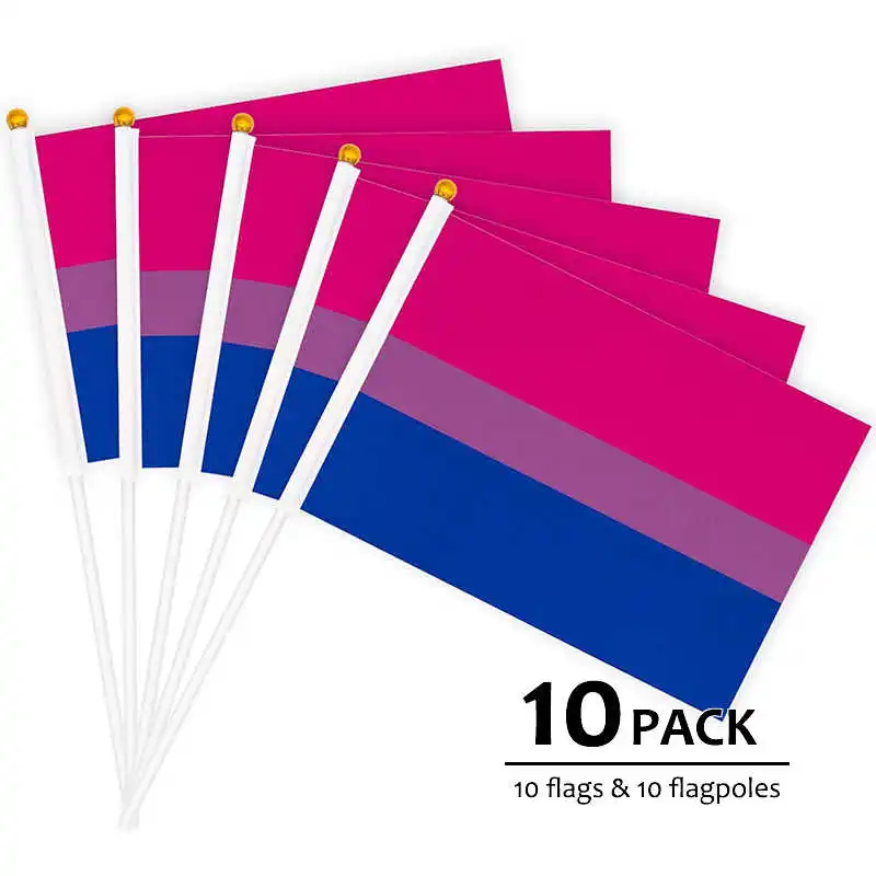 10 Pack Bisexual Flags LGBT Bi Pride 14x21cm Polyester Printed Rainbow Flag With Mini Stick Flagpole For Decoration Celebration