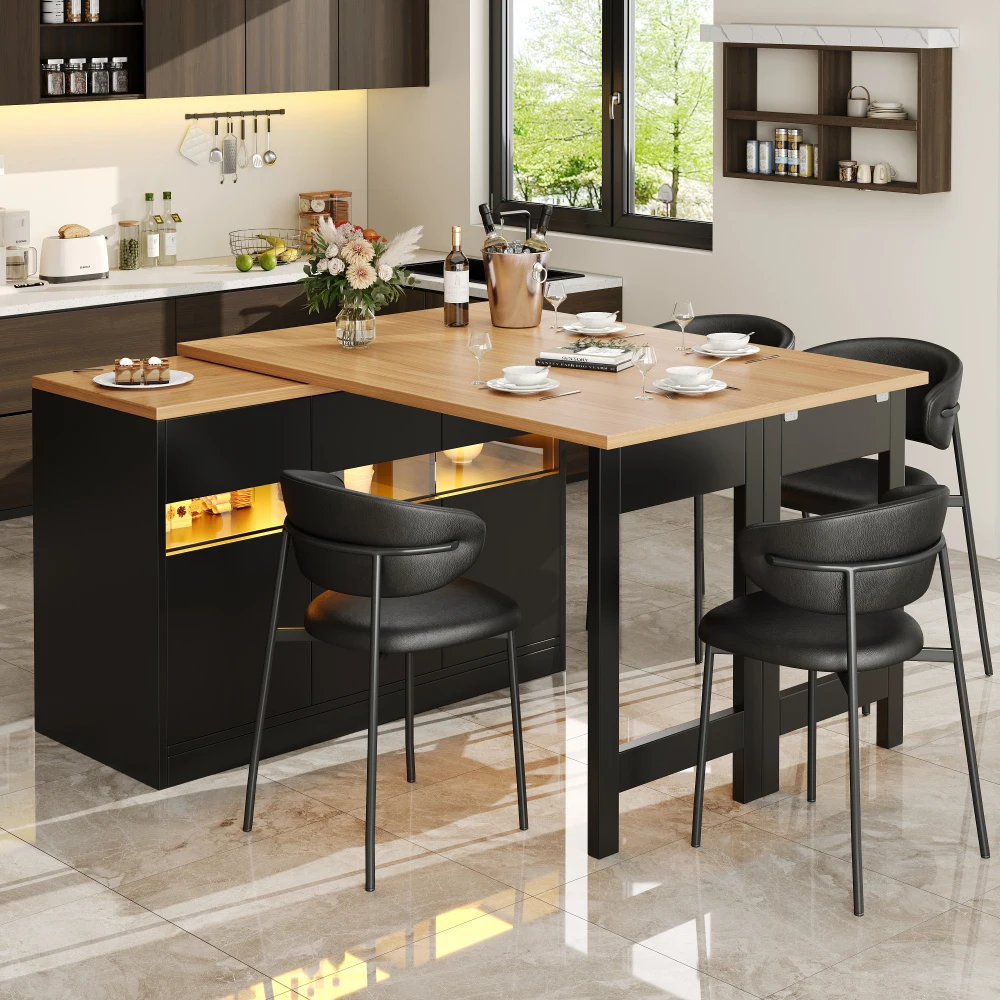 Tavolo da Cucina Moderno con Isola e Spazio di Archiviazione, 360 ° Funzione di Rotazione, Lunghezza Regolabile 120-180cm, per Soggiorno, Sala da Pr