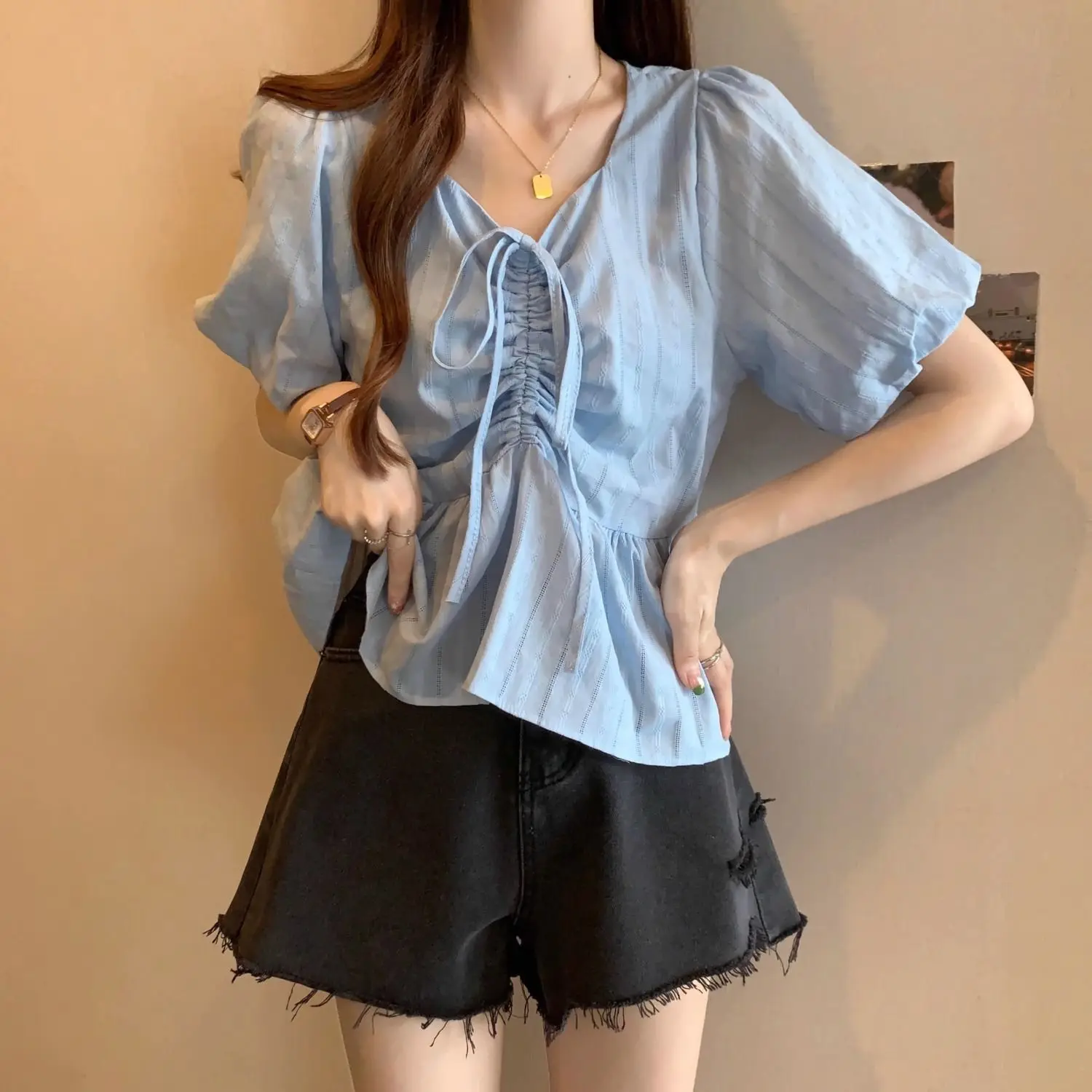 

New Waist-hugging Pure Cotton Doll Shirt Short-sleeved Shirt