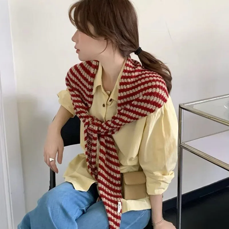 Korean Autumn and Winter Wool Blended Striped Triangle Scarf Contrasting Color Shawl Multi-functional Warm Neck Shawl Women