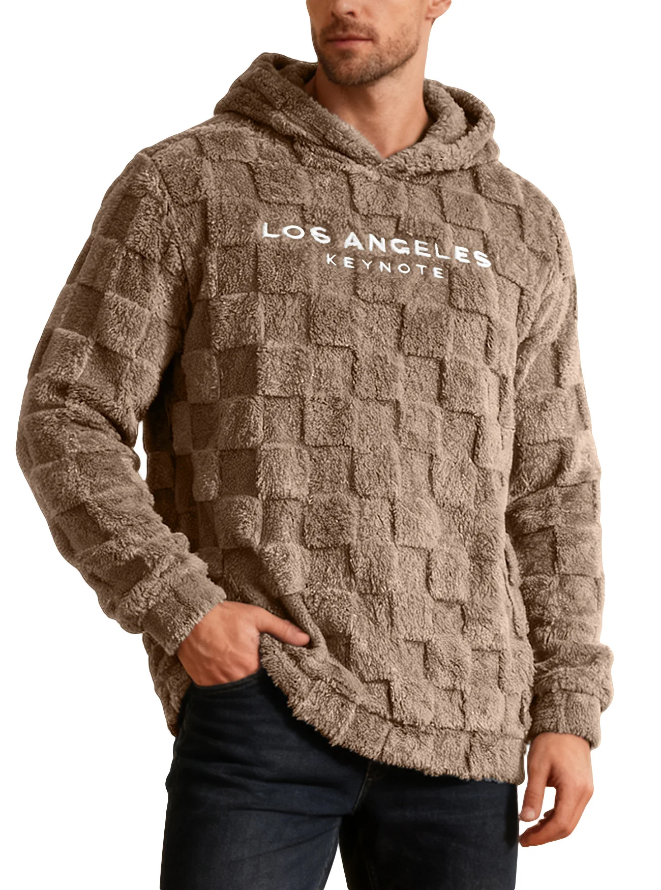Winter Men Plaid Fleece Hoodie Embroidery Loose Fit Casual Sports Pullover Warm Fluffy Hooded Coat Outdoor Daily Sweatshirt