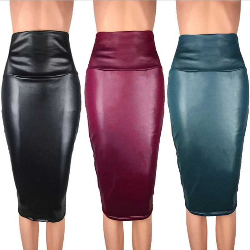 Rok pensil hitam seksi wanita, rok Bodycon, Rok klub, kulit PU pinggang tinggi, Antik, panjang selutut, warna Solid