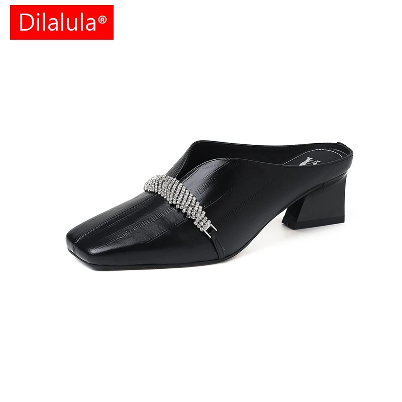 

Dilalula 2025 Vintage Genuine Leather Slippers Women Covered Toe Med Thick Heels Dress Mules Office Ladies Sequin Sandals