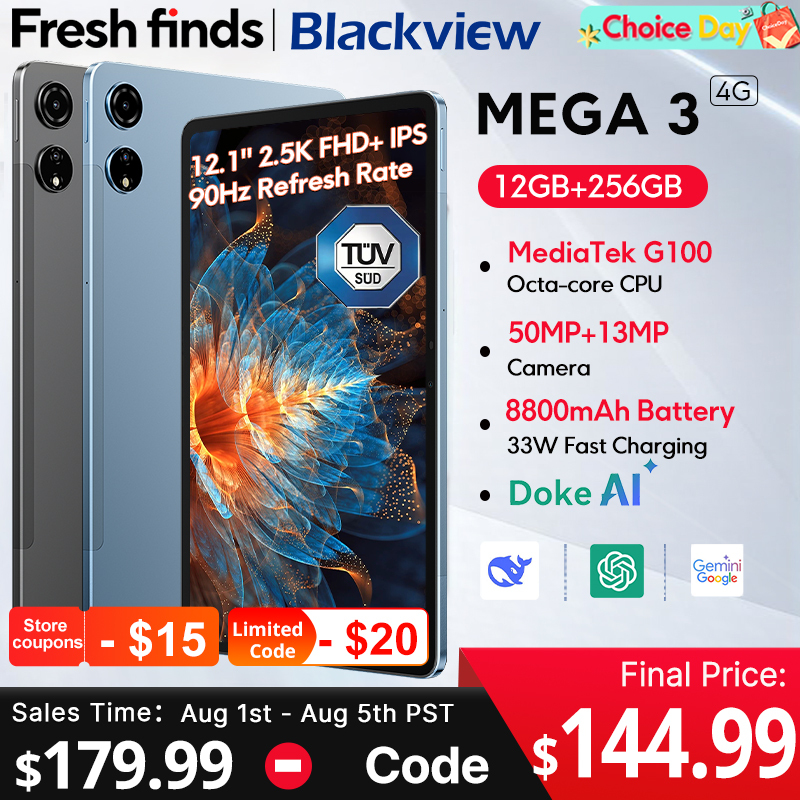  Blackview MEGA 3 Tablet 12.1" 2.5K 90Hz Display 12GB 256GB 8800mAh 50MP Camera 33W Fast Charging Android 15 Pa 