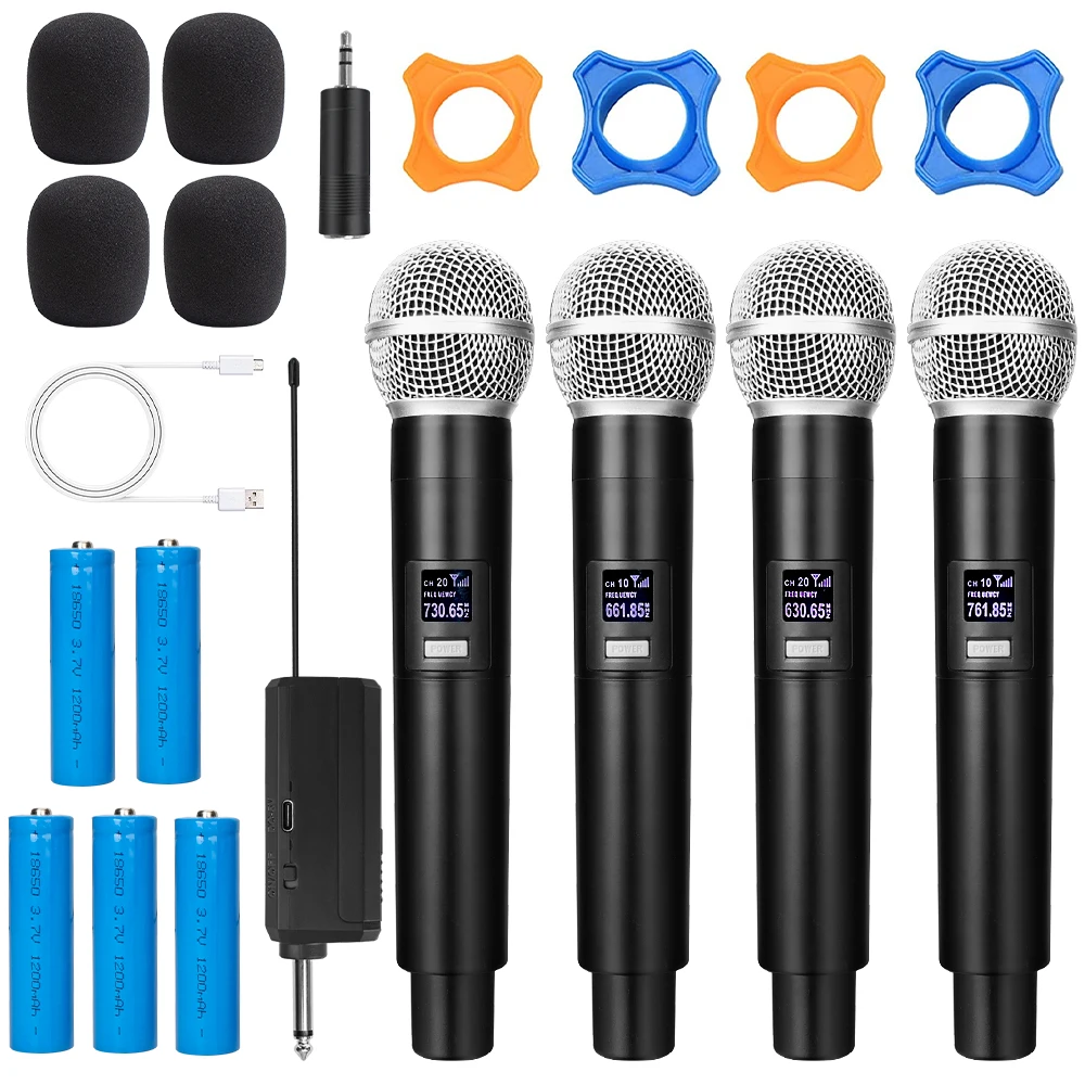 4 Channel Wireless Microphone Handheld UHF Fixed Dynamic Mic with 1200mAh 18650 Rechargeable Receiver For Karaoke Wedding Party