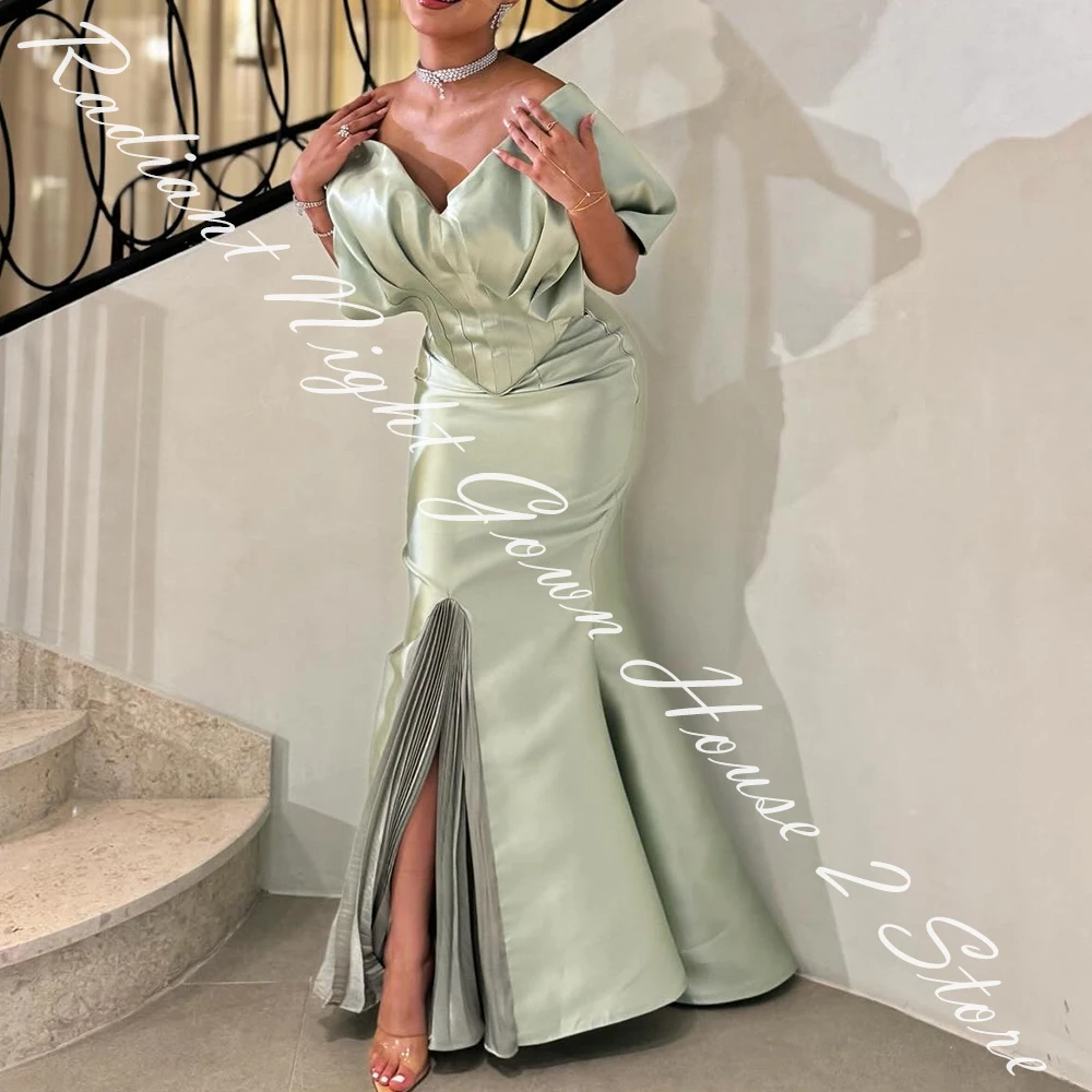 Customized Satin Mermaid Off the Shoulder Evening Dress V-Neck Half Sleeves Side Slit Floor Length Panel Train Exquisite