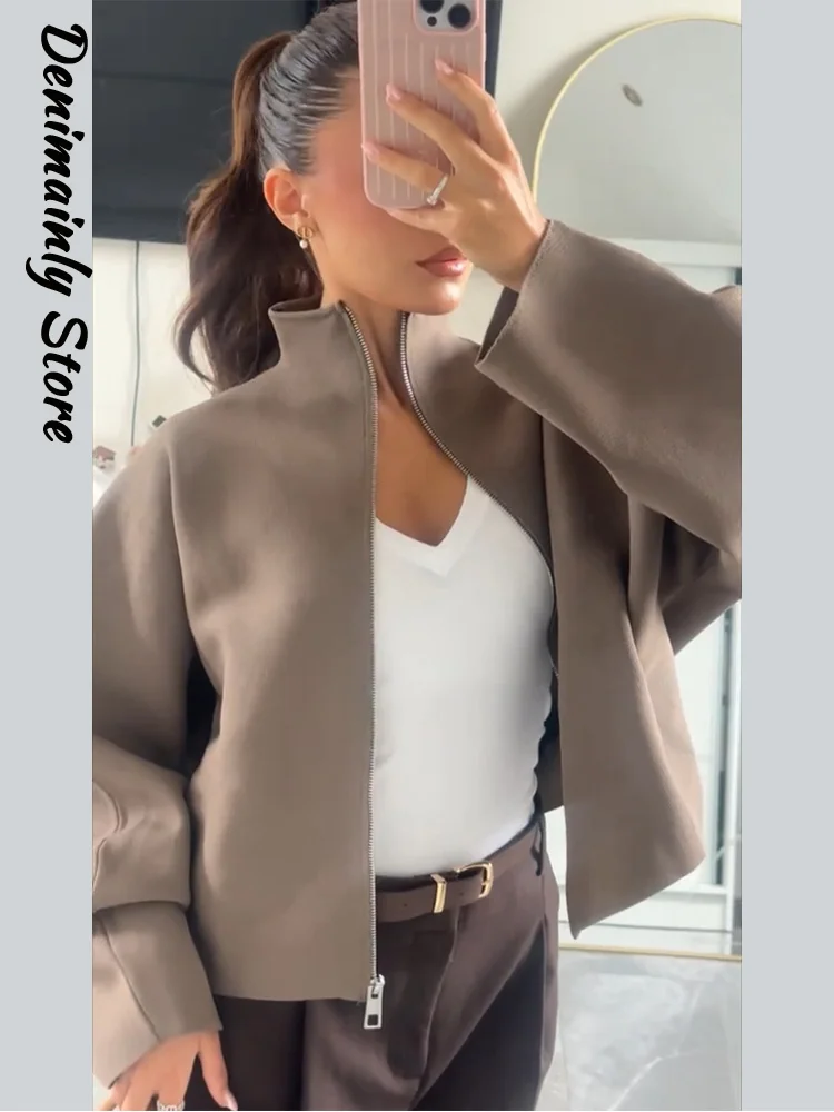 Women's Knit Short Cardigans Loose Stand Collar Zipper Full Sleeve Female Sweater 2026 Autumn Lady Casual Knitwear Daily Outwear