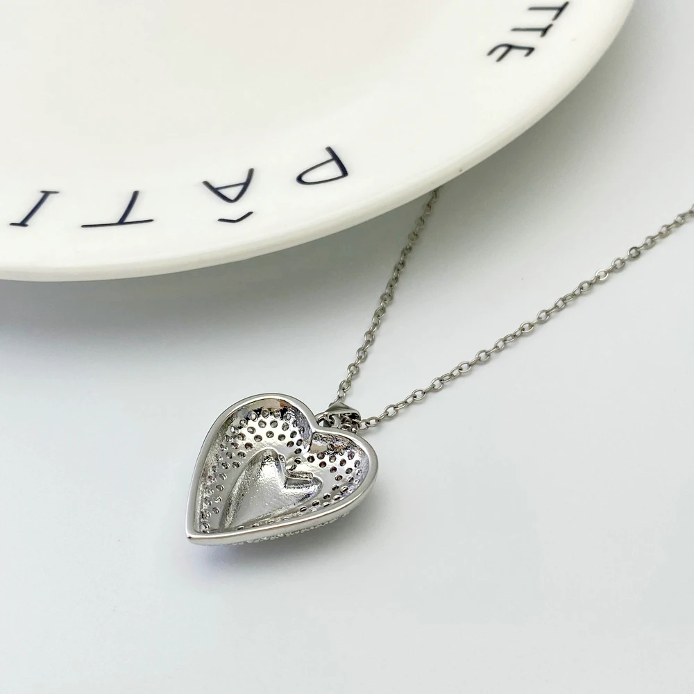 Fashion Clear Zircon Pave Silver Plated Heart Charms Necklace Jewelry Gift image 4