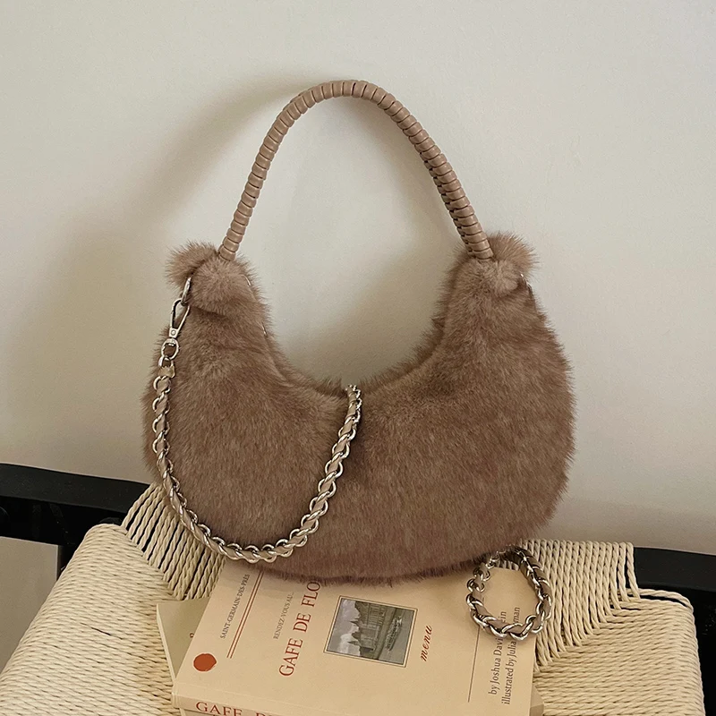 Halbmond-Design Lammwoll-Handtasche Clutch für Damen 2026 Winter Weiche Flauschige Handtasche Halbkreis-Plüsch-Umhängetasche Bolsa – Detail 26