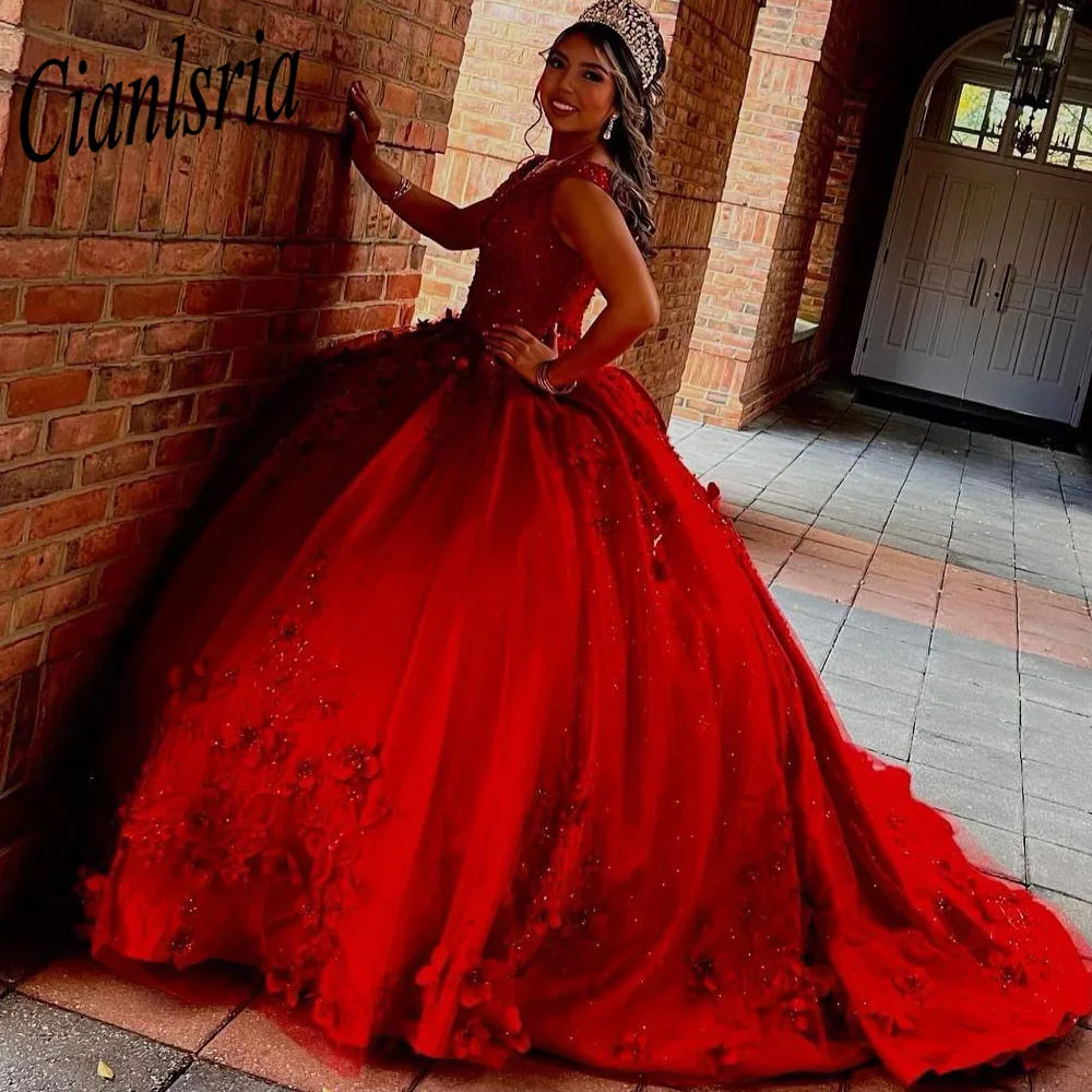 

Красное бальное платье принцессы Quinceanera, платья 2025 года, с открытыми плечами, аппликациями из бисера и блестками, милое платье 16, Vestidos De 15 años