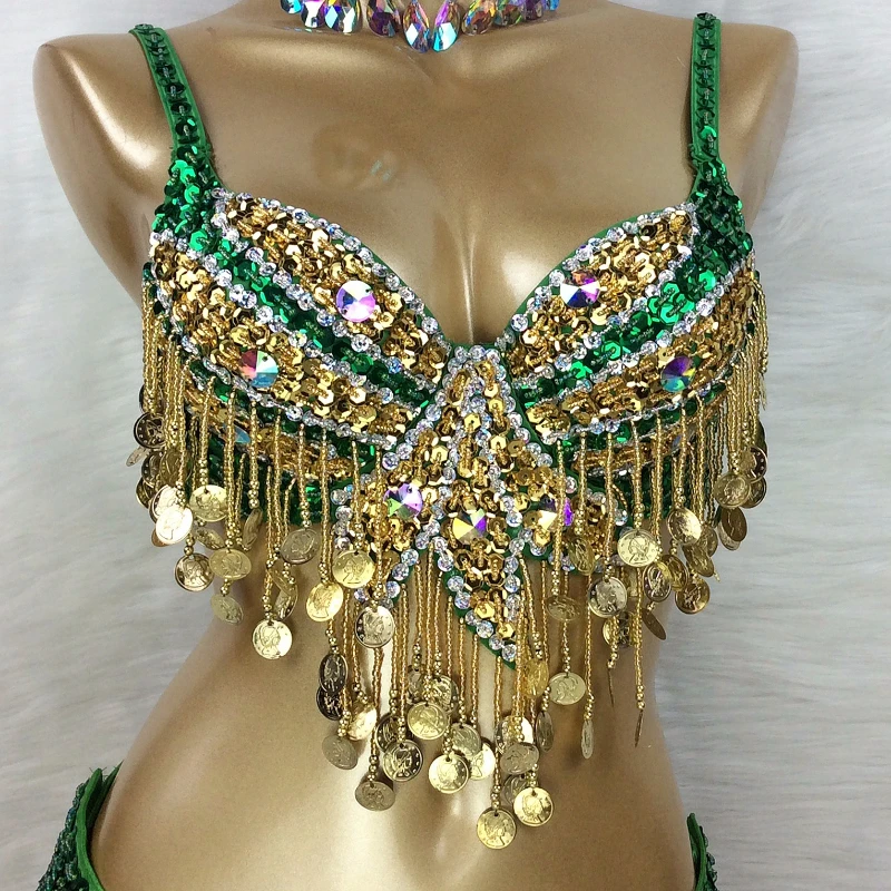 Green Belly Dance Costume Wear for Womens Belly Dancing Suite Bra+Belt 2pc Set Samba Costumes Sexy Bellydance Clothes