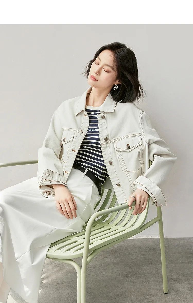 

SENTUBILA White Denim Jacket For Women Cotton 2025 Autumn Fashion Office Lady Loose Long Sleeve Cowboy Short Coats W43W56154