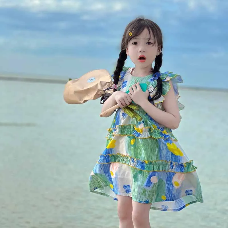 Print Sleeveless Princess Girls' Dress Backless Summer Children's 2024 New Fashionable Children's Clothing Summer Straps Dresses