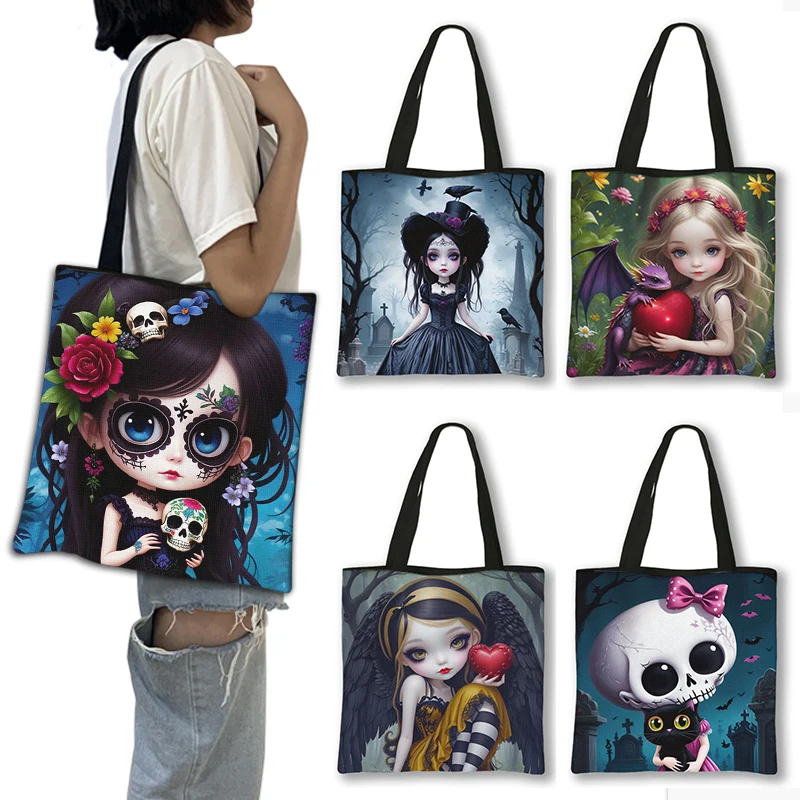 Cartoon Gothic Girls Print Shoulder Bag Women Canvas Totes Bags Bat Vampire Handbag Large Capacity Reusable Gocery Shopper Bags