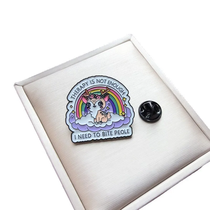 Cartoon Deer Floral Pins Brooch Colorful Rainbow Stars Therapy Is Not Enough I Need To Bite People Enamel Lapel Pin Corsage Coll
