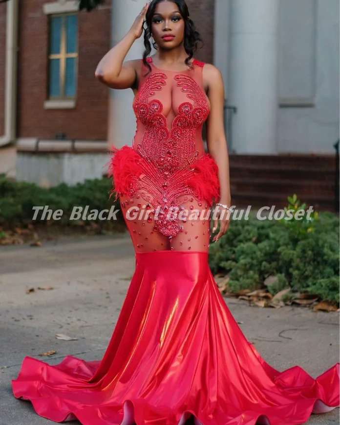 Sparkling O Neck Red Prom Dresses Luxury Rhinestone Beaded Sequins Party Gowns 2025 Black Girls Sexy Ruffle Fishtail Long Dress